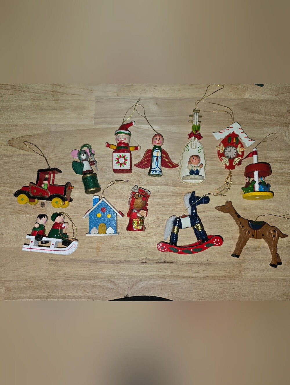 Set Of 12 Vintage Wooden Christmas Ornaments